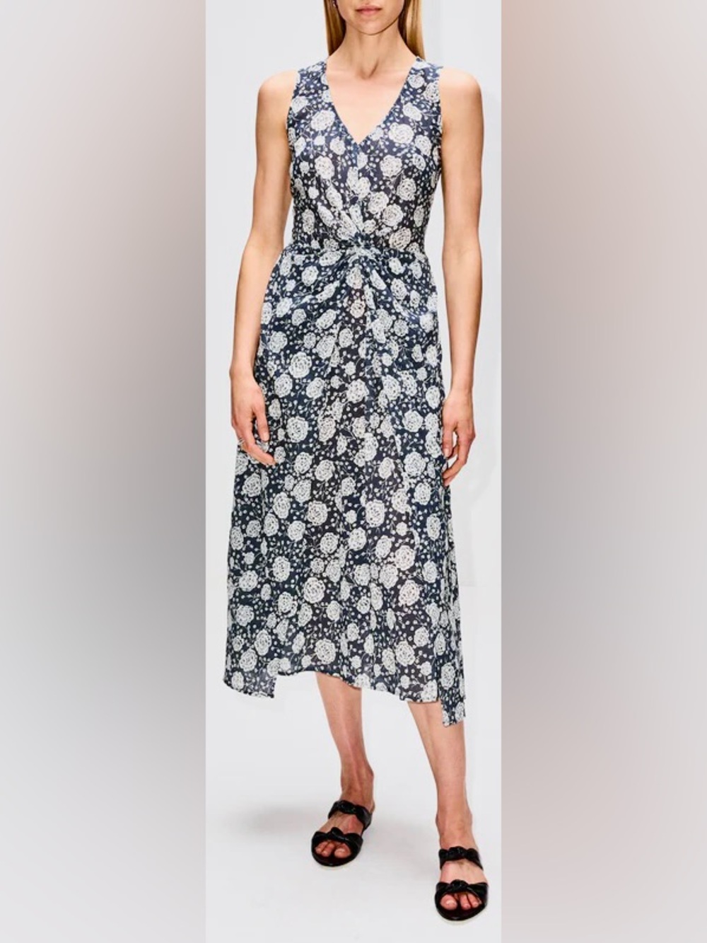 XIRENA Vivian Sleeveless Navy & White Floral V-Neck Midi Dress | S